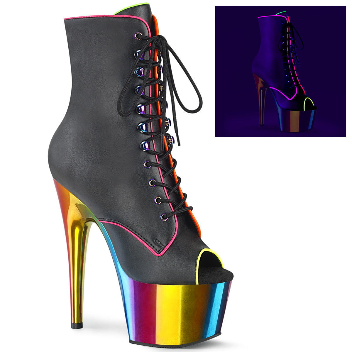 Pleaser Womens Ankle Boots ADORE-1021RC-02 Blk Faux Leather/Rainbow Chrome