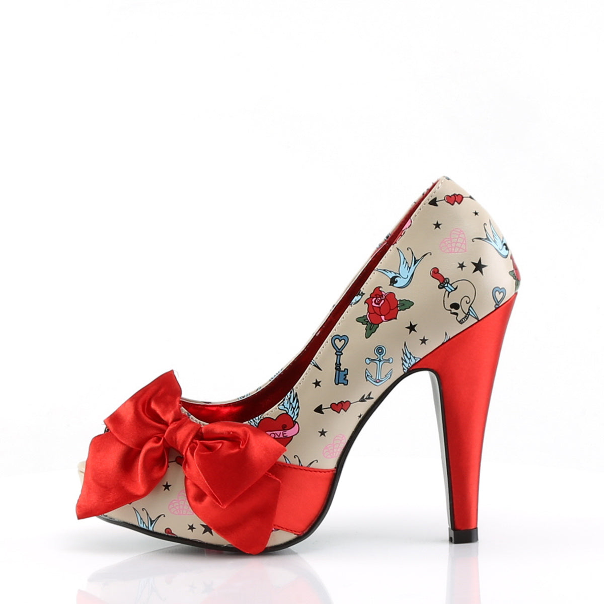 Pin Up Couture Womens  BETTIE-13 Cream Pu-Red Satin (Tattoo Print)