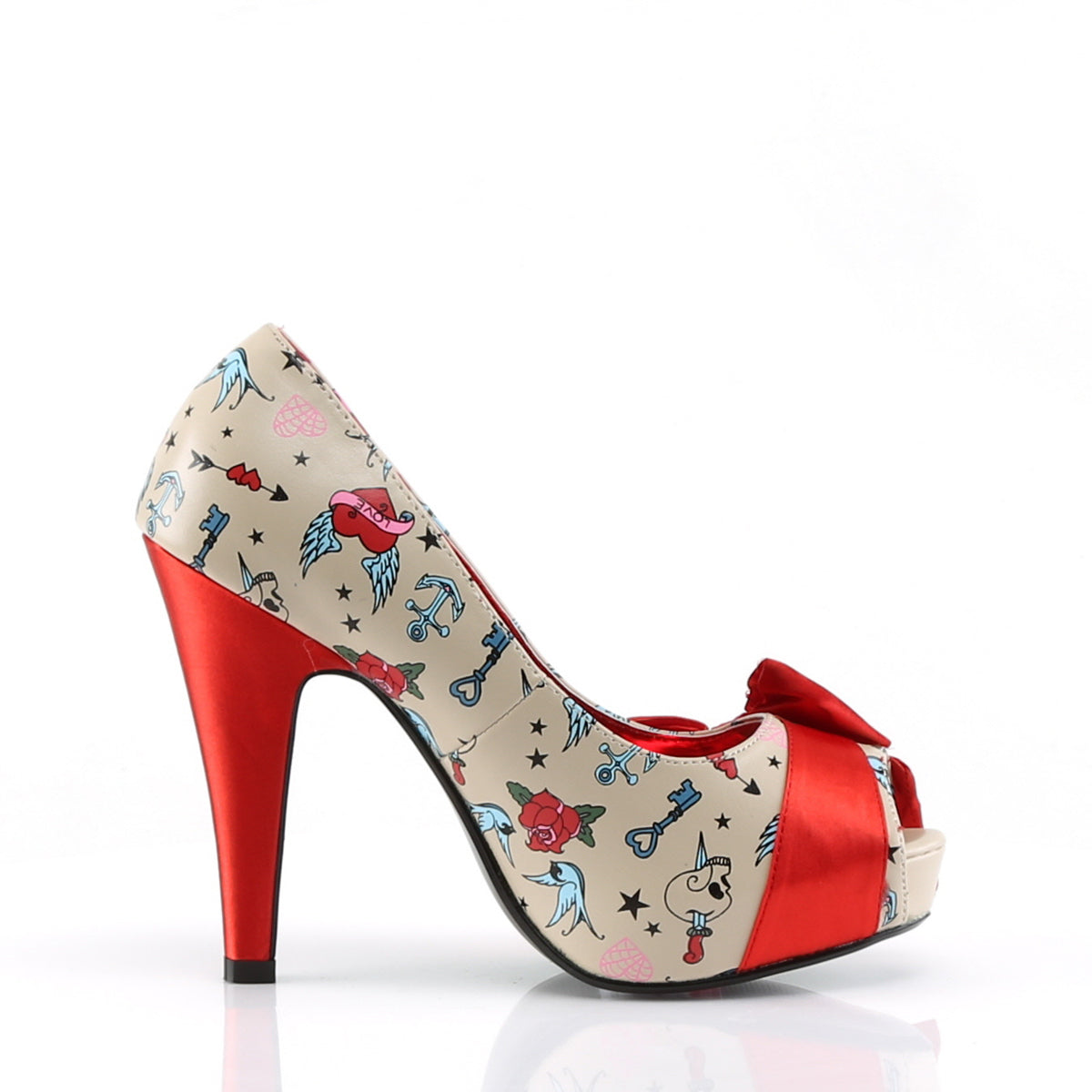 Pin Up Couture Womens  BETTIE-13 Cream Pu-Red Satin (Tattoo Print)