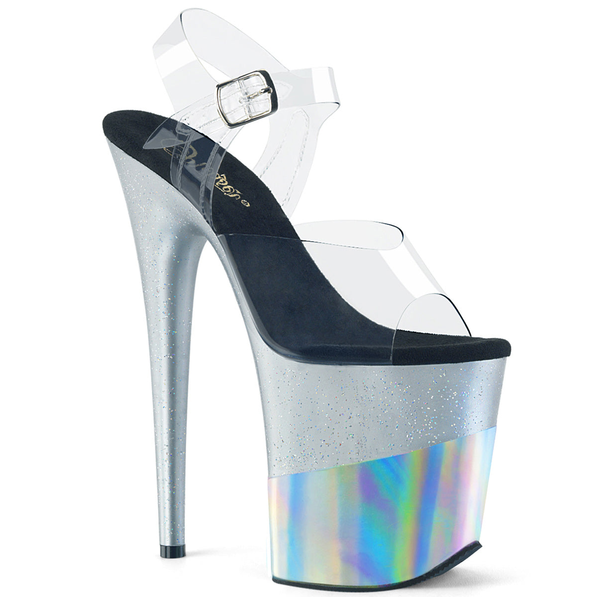 Pleaser Womens Sandals FLAMINGO-808-2HGM Clr/Slv Glitter-Hologram