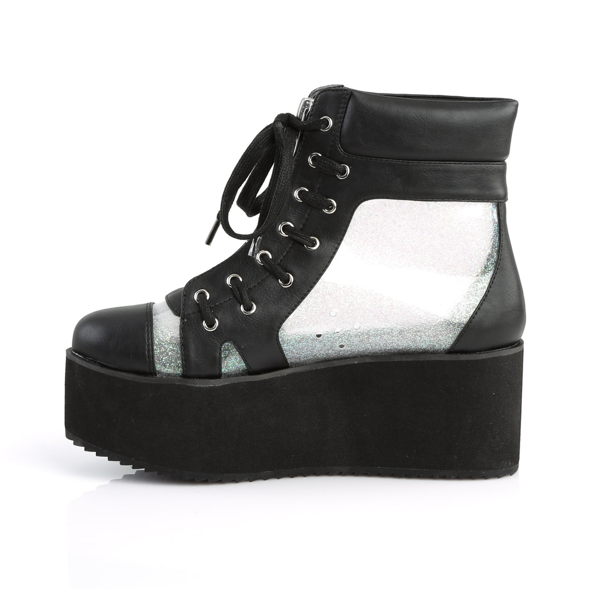 DemoniaCult Womens Ankle Boots GRIP-102 Blk Vegan Leather-Clr Hologram TPU