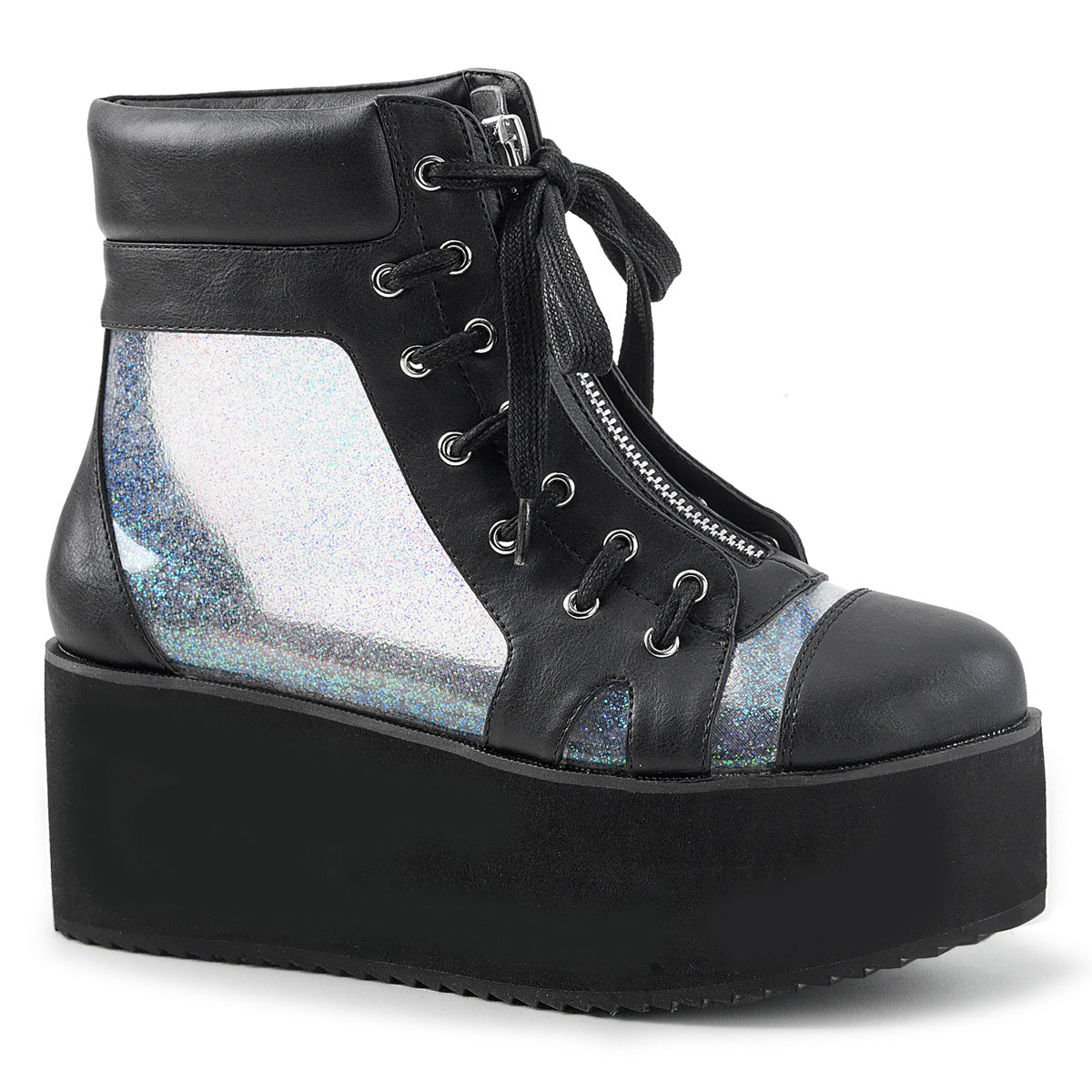 DemoniaCult Womens Ankle Boots GRIP-102 Blk Vegan Leather-Clr Hologram TPU