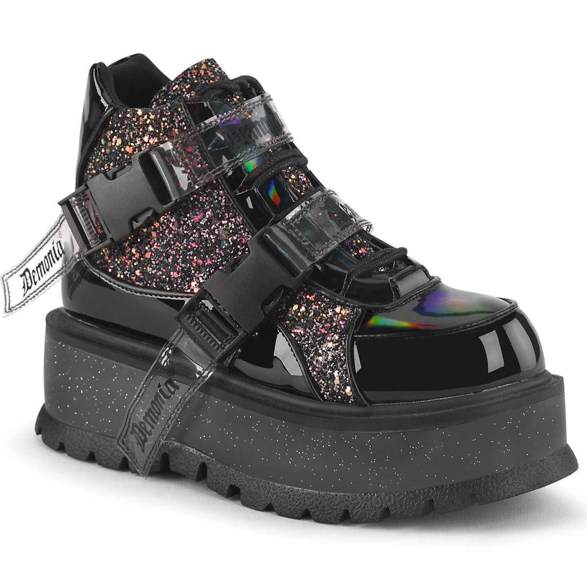 DemoniaCult  Ankle Boots SLACKER-50 Blk Patent-Blk Multi Glitter