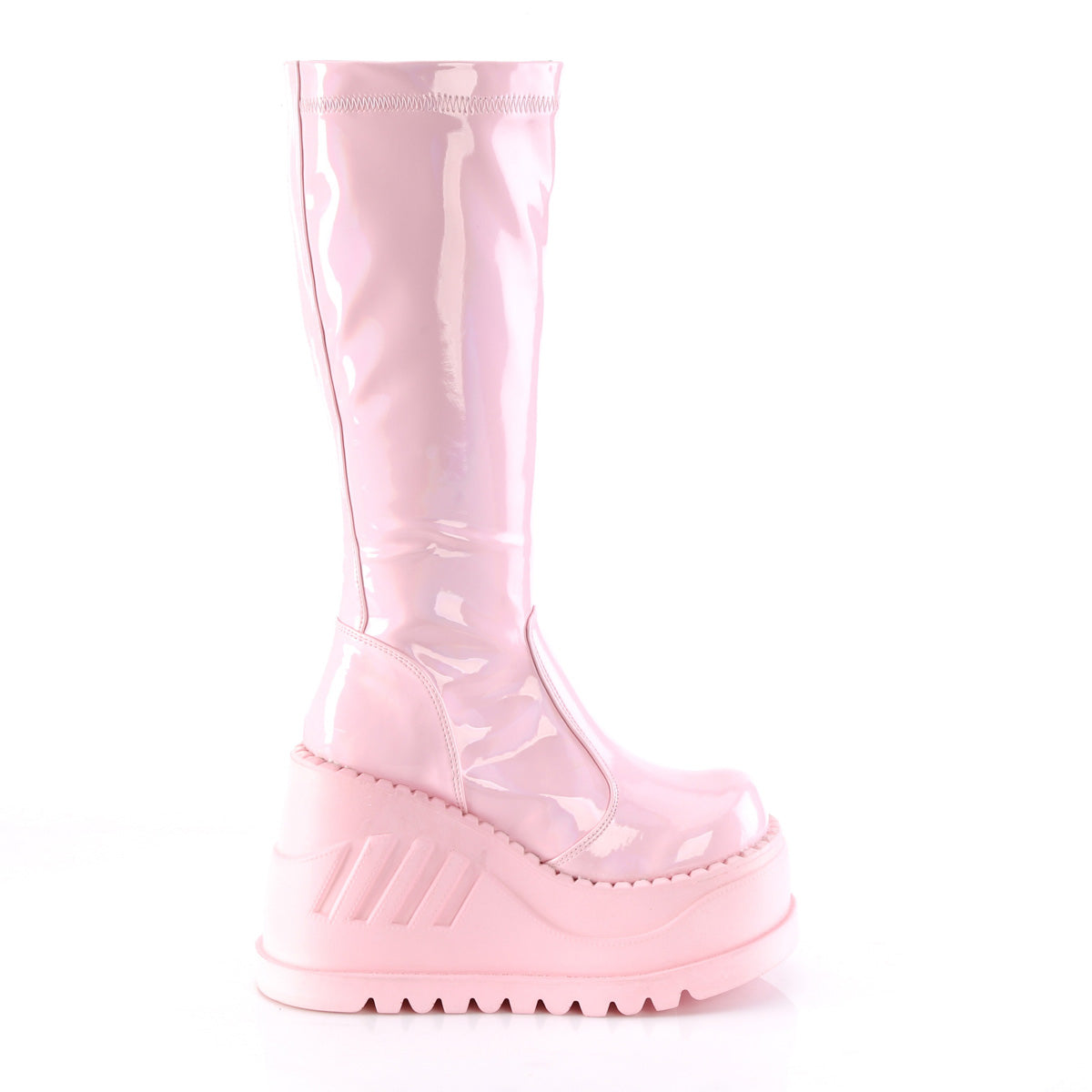 DemoniaCult Womens Boots STOMP-200 B. Pink Hologram Stretch Patent