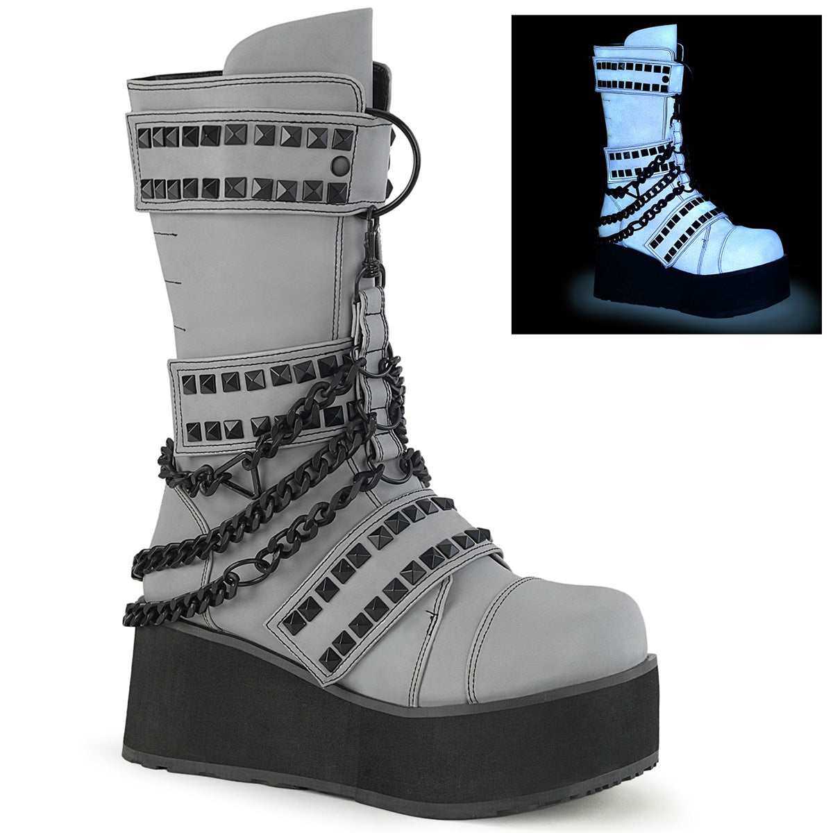 DemoniaCult Mens Boots TRASHVILLE-138 Grey Multi Reflective Vegan Leather